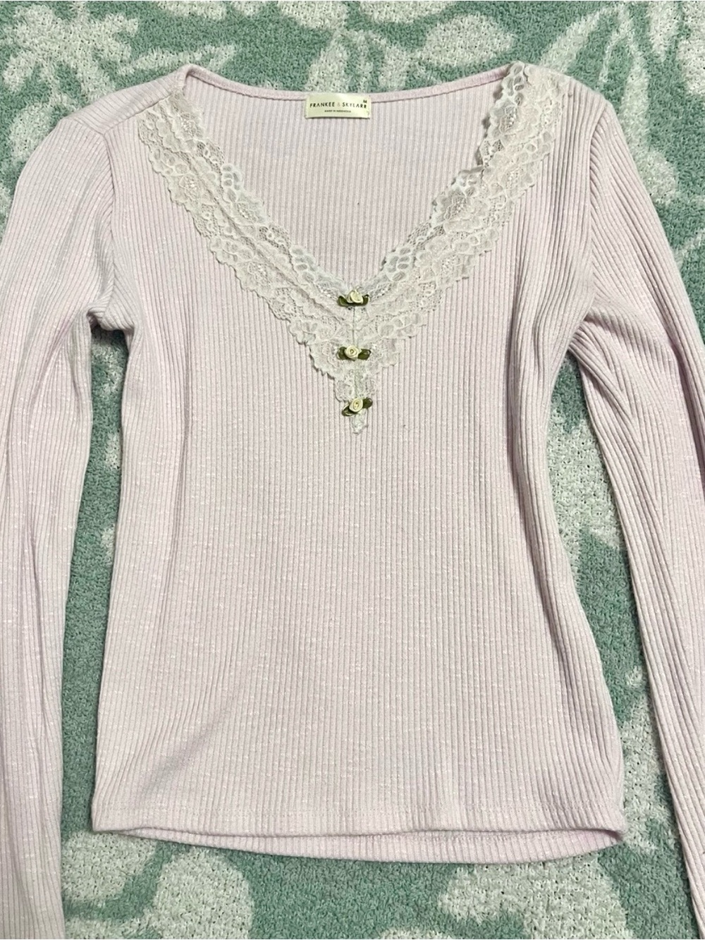 Pastel pink long sleeve top with lace